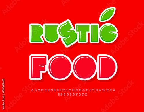 Vector culinary sign Rustic Food with Red Glossy Font. Abstract style Alphabet Letters and Numbers set.