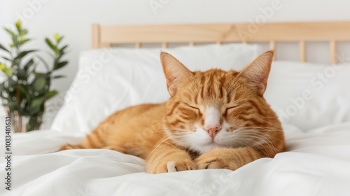 Adorable ginger cat sleeping peacefully on a white bed with paws tucked under its chin. photo