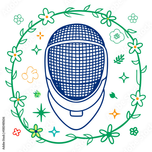 Floral Fencing Mask: Elegant fencing mask design encircled by a vibrant wreath of flowers, stars, and leaves. A delightful blend of sport and nature. 