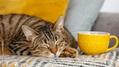 A tabby cat naps peacefully on a cozy couch next to a yellow mug. photo