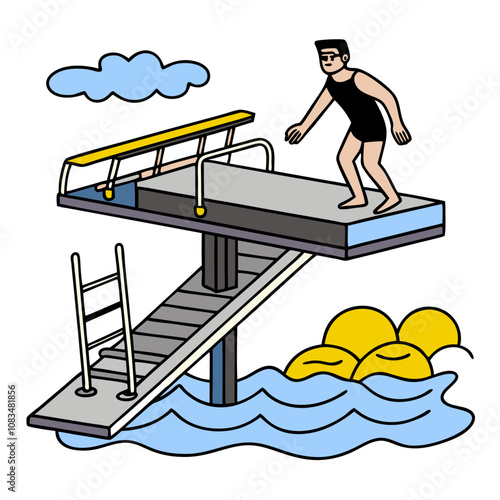 Man about to Dive: A stylized illustration of a man standing on a diving board, poised to jump into a pool.  The image is simple yet evocative, suggesting a moment of anticipation and courage.