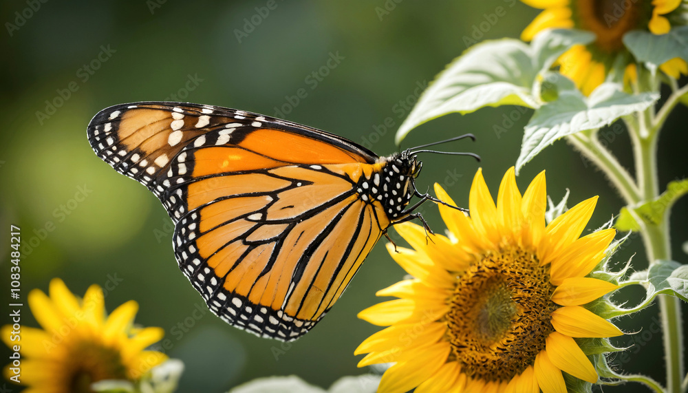 Fototapeta premium A monarch butterfly resting on a vibrant sunflower