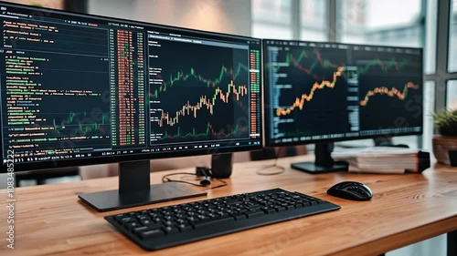 Wallpaper Mural Modern Trading Desk: A sleek workspace with dual monitors displaying financial charts and code, capturing the intensity and precision of modern day stock trading Torontodigital.ca
