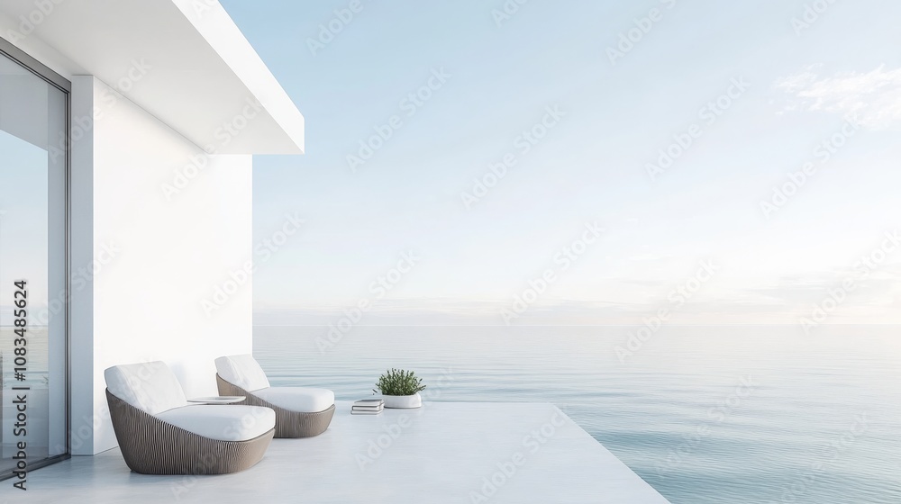 Naklejka premium A serene minimalist retreat with a white canvas backdrop, Minimal furniture arrangement in a lakeside cottage, Lakeside minimalism style