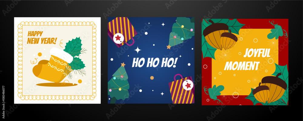 Fototapeta premium Christmas Greeting Cards With Festive and Holiday Decorations. A Collection of Christmas Greeting Cards. Perfect for Capturing the Joy of the Holiday Season