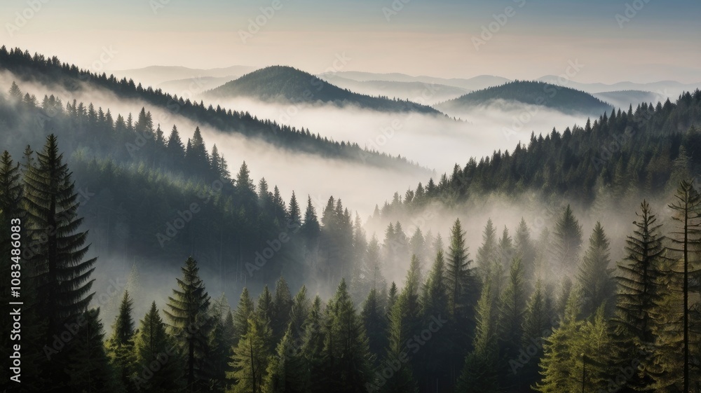 Obraz premium Coniferous forest in the mist of tree tops