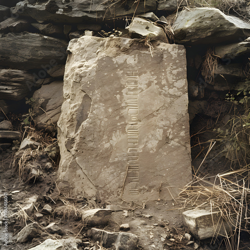 Ancient Celtic Ogham Inscriptions on a Time-worn Stone Slab - Glimpse into the Mysterious Historical Past photo