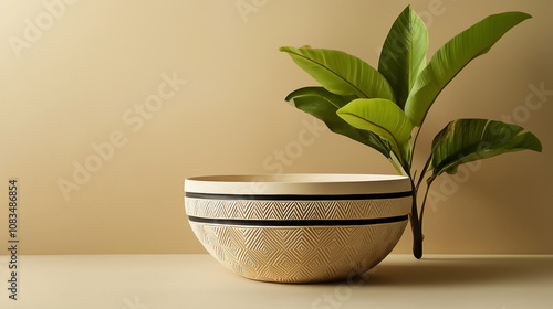 minimalistic and elegant white decorative bowl with two black circumferential lines accompanied by a green plant  photo