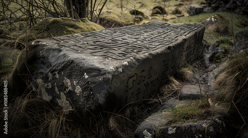 Ancient Celtic Ogham Inscriptions on a Time-worn Stone Slab - Glimpse into the Mysterious Historical Past photo