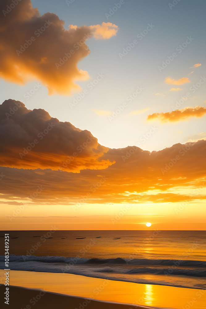 Fototapeta premium Sunset, Sky clouds over sea in the Evening with Orange, Yellow Gold sunlight in Golden hour and Dramatic fluffy, Horizon sea Summer sky landscape, Dusk sky background