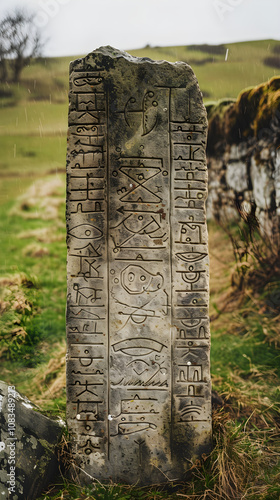 Ancient Celtic Ogham Inscriptions on a Time-worn Stone Slab - Glimpse into the Mysterious Historical Past photo