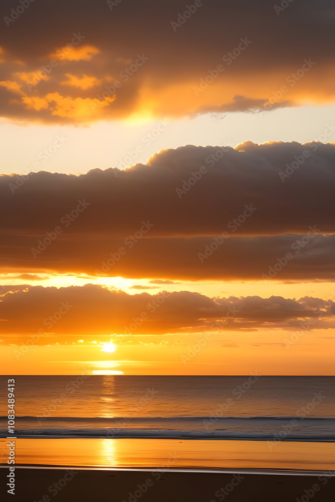 Obraz premium Sunset, Sky clouds over sea in the Evening with Orange, Yellow Gold sunlight in Golden hour and Dramatic fluffy, Horizon sea Summer sky landscape, Dusk sky background
