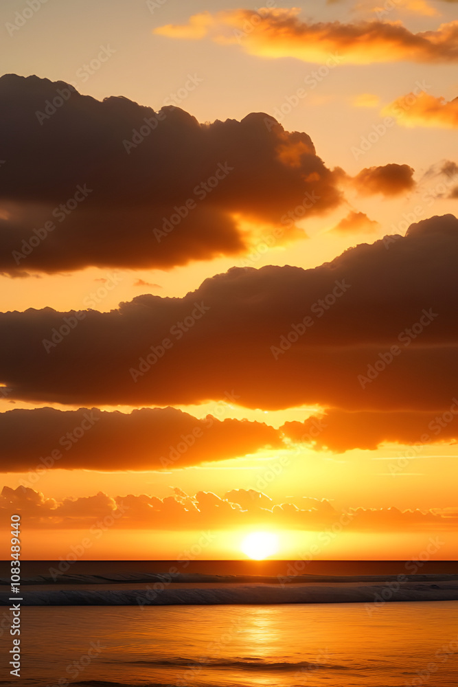 Fototapeta premium Sunset, Sky clouds over sea in the Evening with Orange, Yellow Gold sunlight in Golden hour and Dramatic fluffy, Horizon sea Summer sky landscape, Dusk sky background