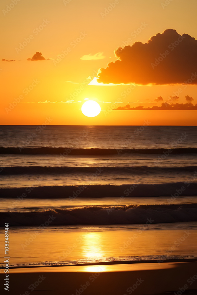 Fototapeta premium Sunset, Sky clouds over sea in the Evening with Orange, Yellow Gold sunlight in Golden hour and Dramatic fluffy, Horizon sea Summer sky landscape, Dusk sky background