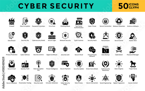 Cybersecurity icons set with firewall, data encryption, password protection, virus scan, phishing attack, two factor authentication, cyber threat, secure connection icon. Simple glyph vector 
