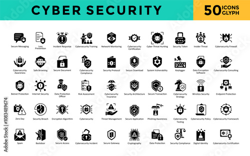 Cybersecurity icons set with secure messaging, data loss prevention, incident response, cybersecurity training, network monitoring, cybersecurity certification icon. Simple glyph vector 
