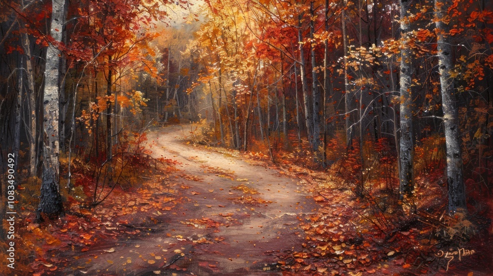 Obraz premium Autumnal path winding through a vibrant forest.