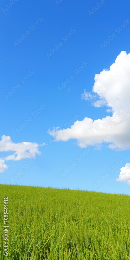 Obraz premium Vibrant green grass field under a clear blue sky with fluffy white clouds, clouds
