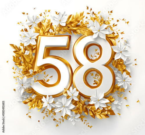 golden number "58" surrounded by white and gold floral arrangement, symbolizing beauty, celebration, and sophistication, ideal for birthdays, anniversaries, and decorative themes