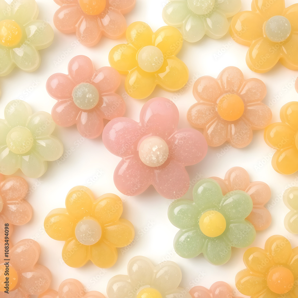 Obraz premium A playful arrangement of flower-shaped jelly candies in springtime pastel colors, isolated on white