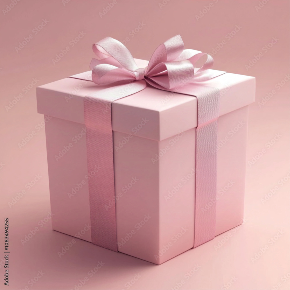 Fototapeta premium A pink gift box with a large pink bow on top, against a light pink background