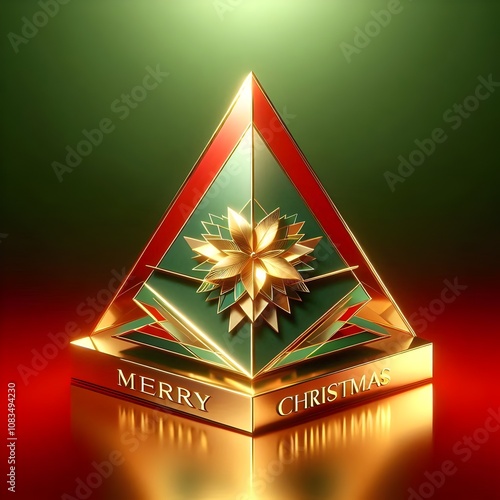 Christmas Gift: Cute and elegant Christmas pyramid ornament with the wish of Merry Christmas written on it, on a wonderful and captivating background of beautiful Christmas colors. photo