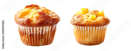 A freshly baked and fluffy coconut muffin or cupcake isolated on white transparent background, sprinkled coconut flakes photo