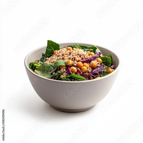 Delicious salad with chickpeas, greens, and grains in a simple bowl, white isolate background. flexitarian food concept photo