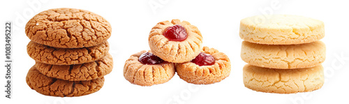 Jam filled thumbprint cookies topped with red fruit preserve, crumbly butter cookies and cracked molasses cookies isolated on white transparent background photo