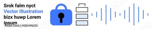 Blue padlock icon adjacent to a data stack and sound wave, representing cybersecurity and data protection. Ideal for technology presentations, IT articles, online security guides, educational