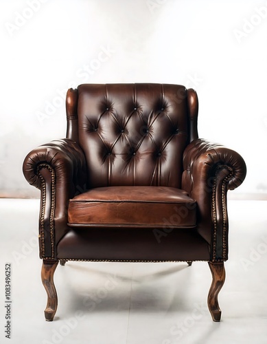 A classic vintage leather armchair with rich patina and sturdy wooden legs, exuding timeless charm. Perfect for a cozy reading nook or elegant living space, it blends style and comfort seamlessl photo