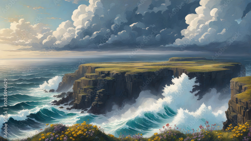 Fototapeta premium Dramatic coastal cliffs, ocean waves crash.