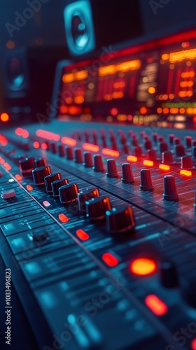 Close-up of a Sound Mixing Board with Red and Blue Lights photo