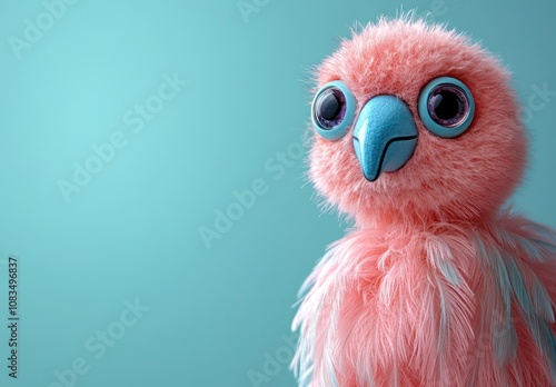 Pink fluffy toy owl with big eyes against a turquoise background. photo