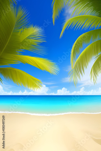 summer beach background of sand, sea and palm leaves