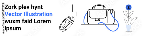 Currency coin landing, leather bag with handle and strap, money plant with dollar symbol, scattered text. Ideal for finance, business strategy, marketing, investment, e-commerce, education