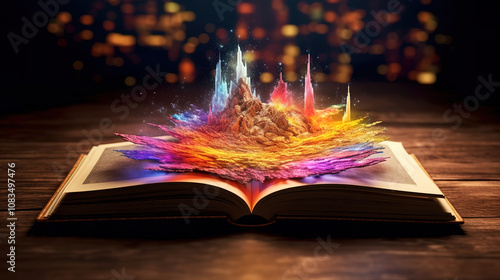 Superb collage picture image of magical open book with speel for dark magic photo