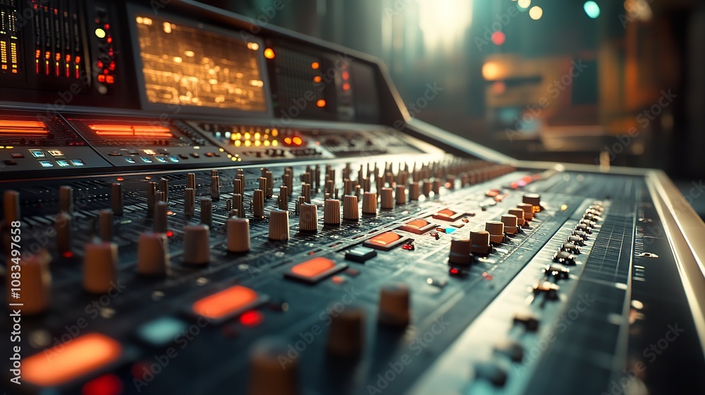 Fototapeta premium Close-up of an Audio Mixer Control Panel with Knobs and Buttons