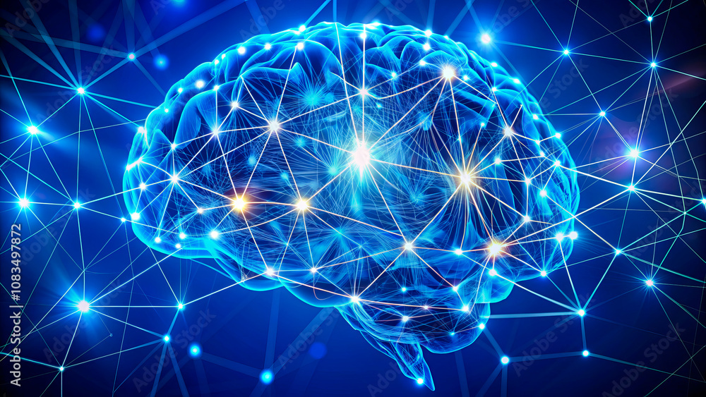 Fototapeta premium Brain with glowing neural connections and digital lines, representing advanced neuroscience concepts