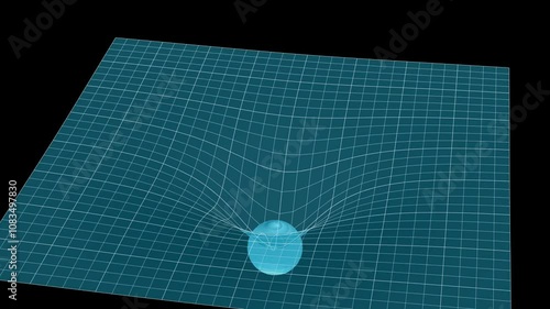 A 3D wireframe grid surface with a glowing orb causing a gravitational warp effect, rendered in teal blue lines against a dark background, creating a dynamic space-time distortion visual.