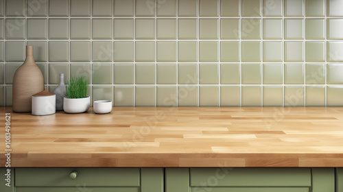 Attractive Wooden table top, countertop in modern, minimal design kitchen with khaki green cabinet