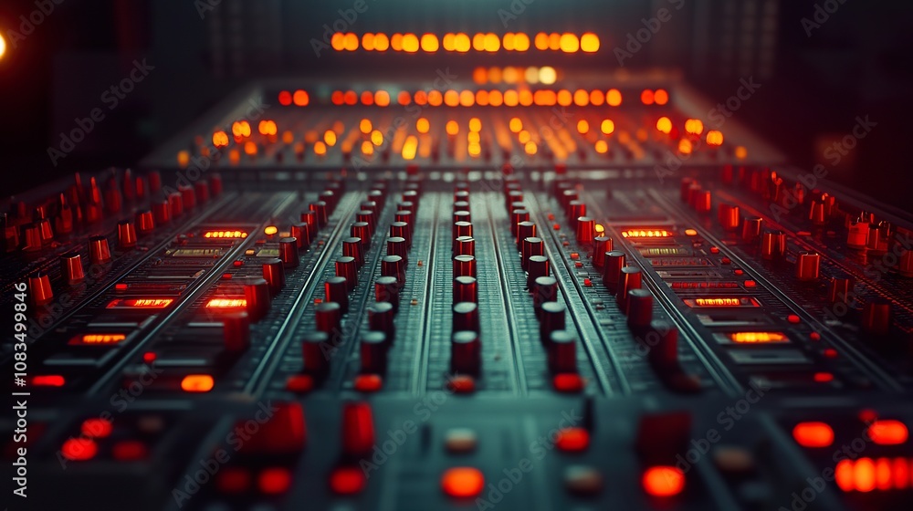 Obraz premium Close-up of a Sound Mixing Console with Red Lights