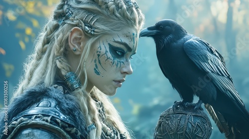 Blonde female warrior with intricate face paint and braids stares at a raven in a misty forest, evoking themes of mysticism and strength photo