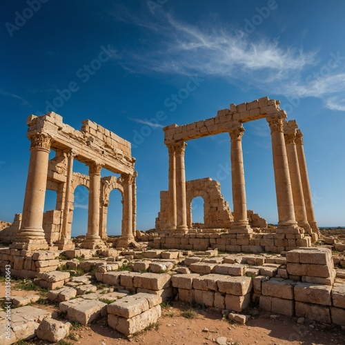 The ruins of Leptis Magna in Libya against a vibrant blue sky.