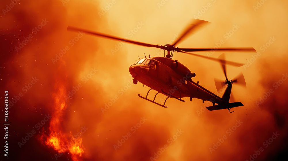 Fototapeta premium Helicopter battling wildfire with dramatic smoke filled sky backdrop