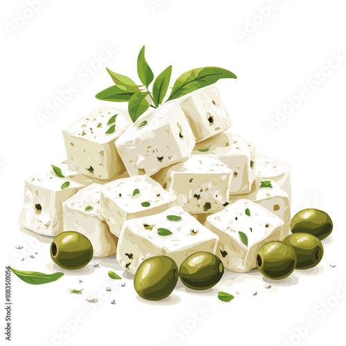 Crumbled Feta Cheese with Olives and Olive Leaves – Greek Cuisine Art
