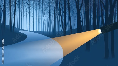 A flashlight illuminates a winding path through a dark, mysterious forest.