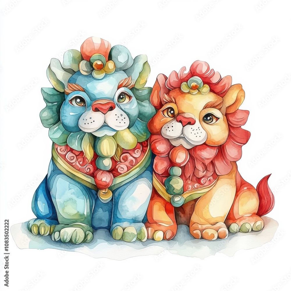 Fototapeta premium Traditional Chinese New Year Symbols Clipart. Two colorful guardian lion statues, embodying tradition and protection, ideal for cultural and artistic themes.