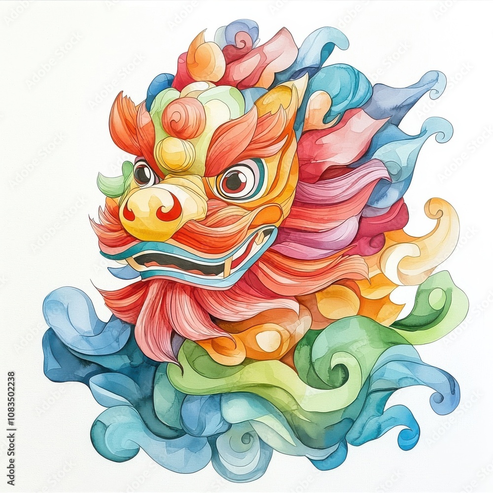 Fototapeta premium Traditional Chinese New Year Symbols Clipart. Vibrant illustration of a mythical lion with colorful, swirling clouds, representing cultural heritage and artistry.