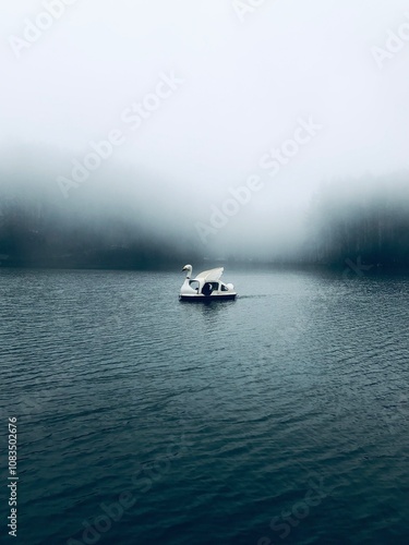 boat in the fog in Sembuwatta Lake photo